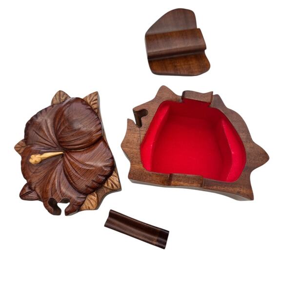Hand Carved Hibiscus Flower Wooden Secret Puzzle Box - Picture 8 of 10